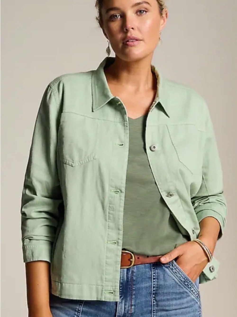 J. Jill Soft Mint Green Button-Front Denim Jacket